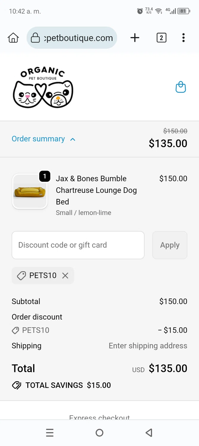 Organic Pet Boutique checkout page showing Organic Pet Boutique promo code box | Screenshot taken by SimplyCodes community member on Feb 2, 2026