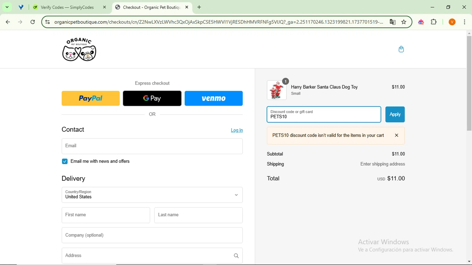 Organic Pet Boutique promo code screenshot showing code PETS10 applied at Organic Pet Boutique checkout page. Uploaded by SimplyCodes community member RebateSaver5991 on Jan 24, 2025