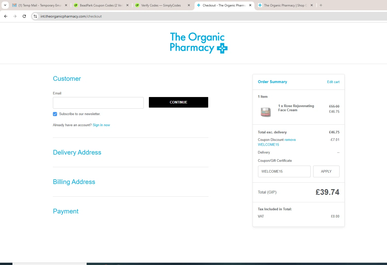 The Organic Pharmacy discount code screenshot showing code WELCOME15 applied at The Organic Pharmacy checkout page. Uploaded by SimplyCodes community member LAGUGU on Jun 9, 2025
