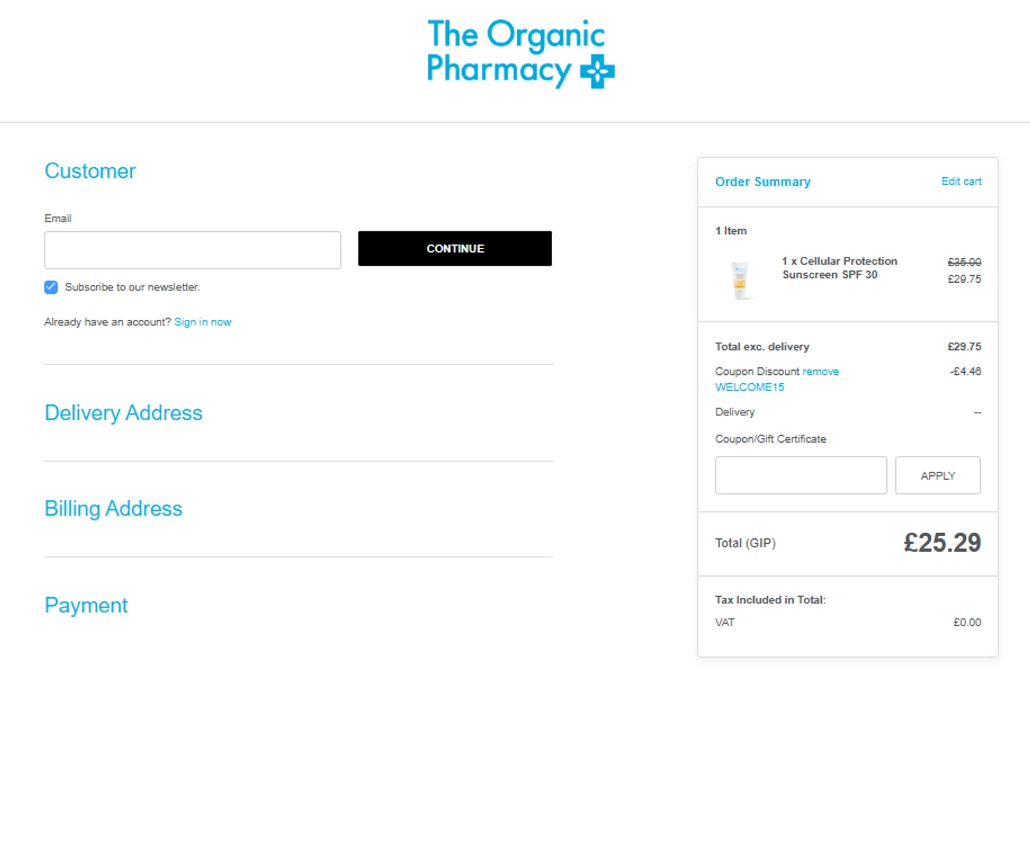 The Organic Pharmacy discount code screenshot showing code WELCOME15 applied at The Organic Pharmacy checkout page. Uploaded by SimplyCodes community member Tortugasninja on Jun 9, 2025