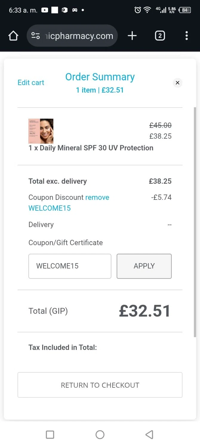The Organic Pharmacy discount code screenshot showing code WELCOME15 applied at The Organic Pharmacy checkout page. Uploaded by SimplyCodes community member billgates0997923425561 on Jun 9, 2025
