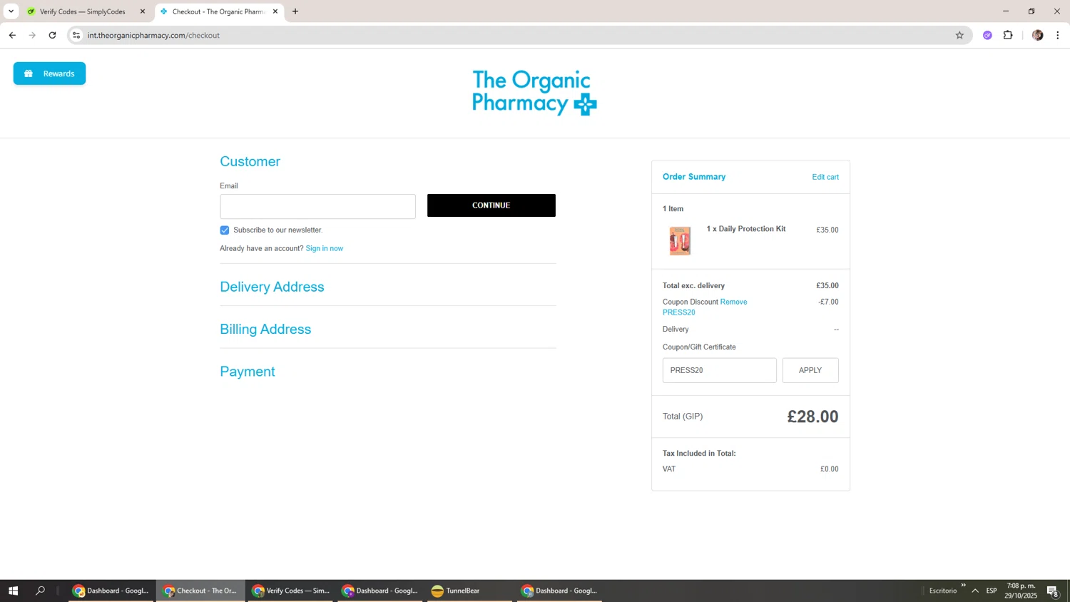 The Organic Pharmacy discount code screenshot showing code PRESS20 applied at The Organic Pharmacy checkout page. Uploaded by SimplyCodes community member Levi_Ackerman on Oct 29, 2025