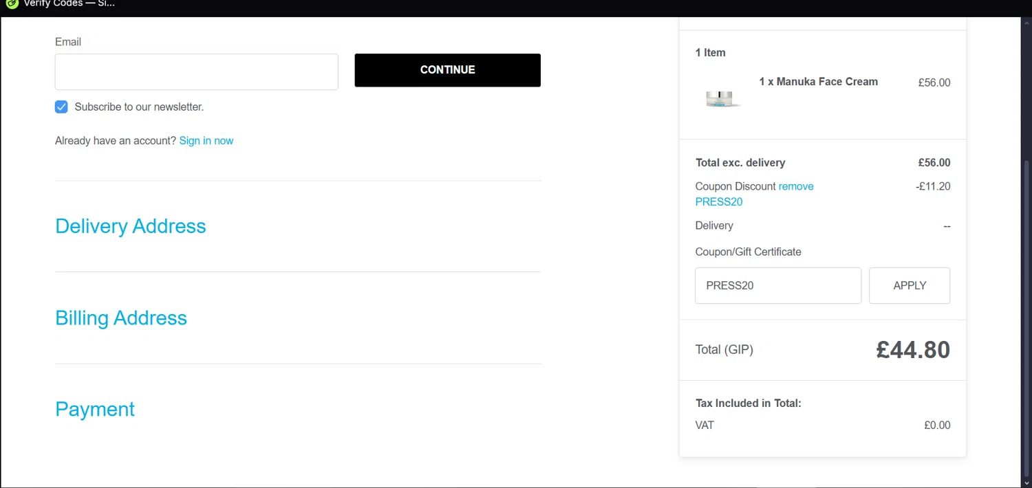 The Organic Pharmacy discount code screenshot showing code PRESS20 applied at The Organic Pharmacy checkout page. Uploaded by SimplyCodes community member SmartGenius4250 on Apr 12, 2025