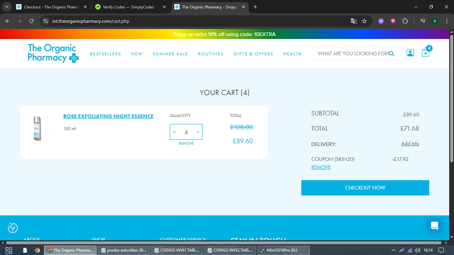 The Organic Pharmacy discount code screenshot showing code SKIN20 applied at The Organic Pharmacy checkout page. Uploaded by SimplyCodes community member Batman on Jun 25, 2025