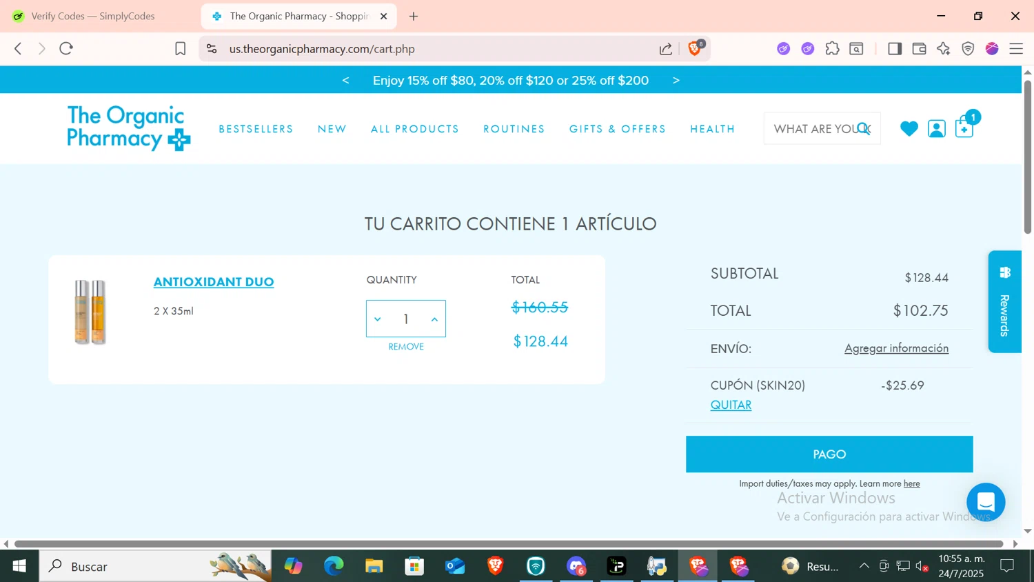 The Organic Pharmacy discount code screenshot showing code SKIN20 applied at The Organic Pharmacy checkout page. Uploaded by SimplyCodes community member CODMOBILE1 on Jul 24, 2025