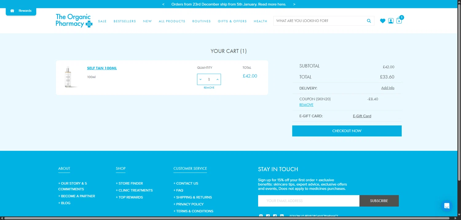 The Organic Pharmacy checkout page showing The Organic Pharmacy discount code box | Screenshot taken by SimplyCodes community member on Jan 4, 2026