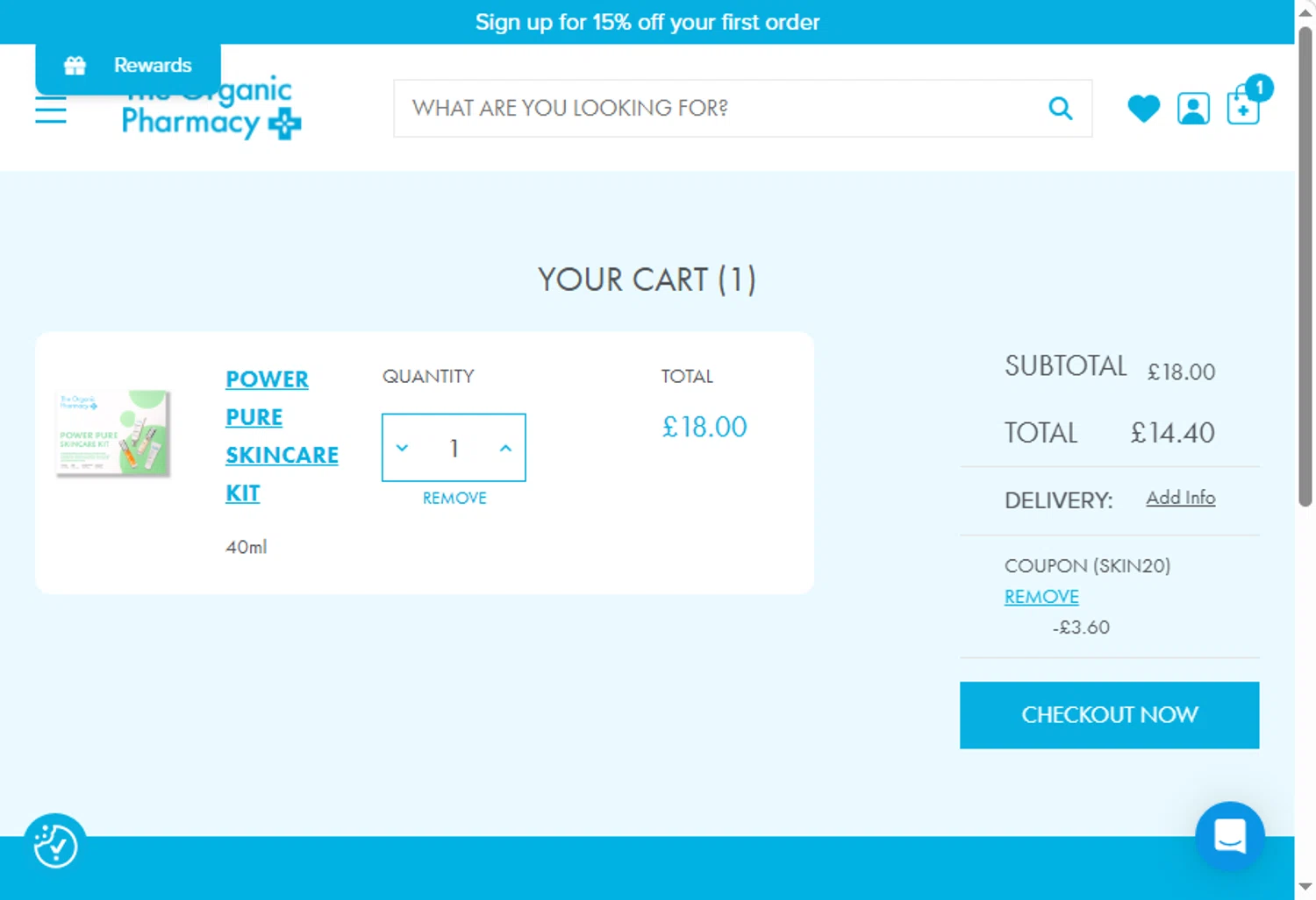 The Organic Pharmacy discount code screenshot showing code SKIN20 applied at The Organic Pharmacy checkout page. Uploaded by SimplyCodes community member sofia_8 on Oct 19, 2025