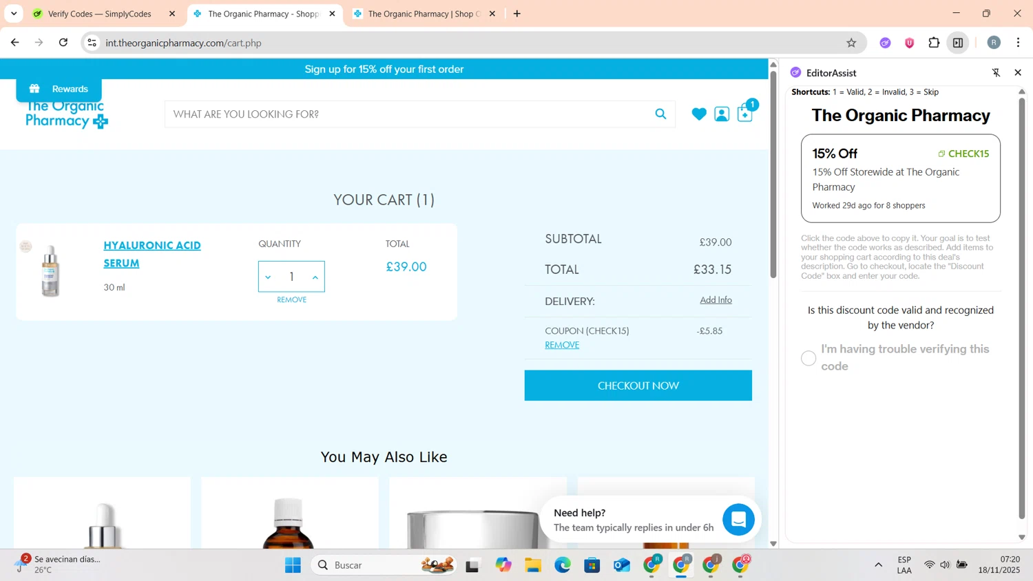 The Organic Pharmacy discount code screenshot showing code CHECK15 applied at The Organic Pharmacy checkout page. Uploaded by SimplyCodes community member RoyalFinder1133 on Nov 18, 2025