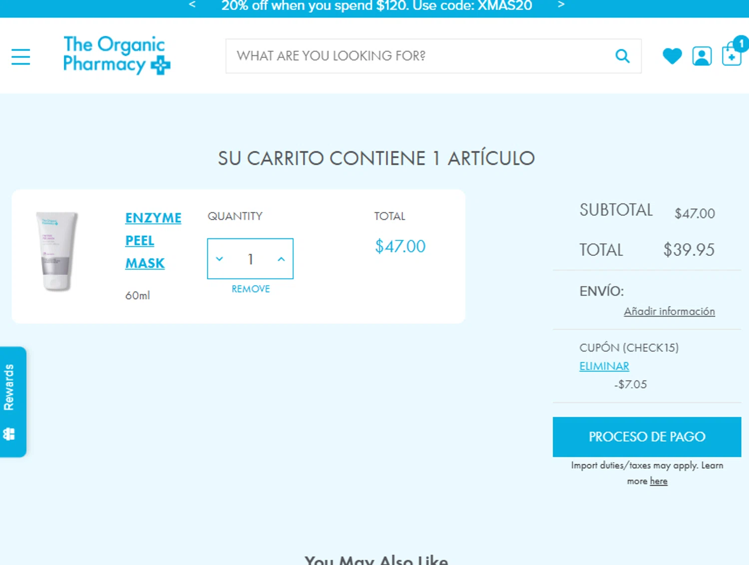 The Organic Pharmacy discount code screenshot showing code CHECK15 applied at The Organic Pharmacy checkout page. Uploaded by SimplyCodes community member RubiDg on Dec 17, 2025