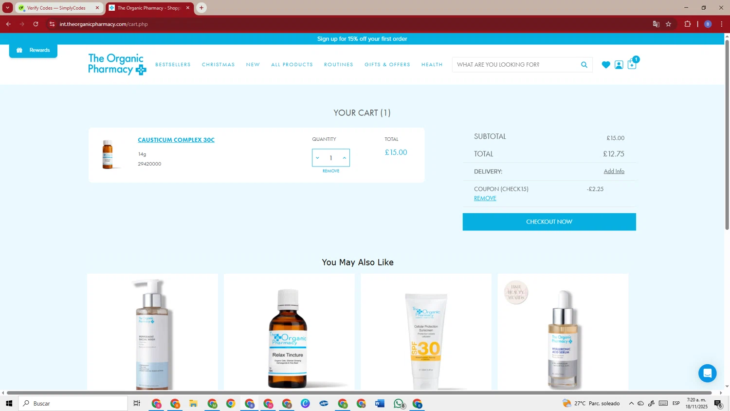 The Organic Pharmacy discount code screenshot showing code CHECK15 applied at The Organic Pharmacy checkout page. Uploaded by SimplyCodes community member TokenSentinel5304 on Nov 18, 2025