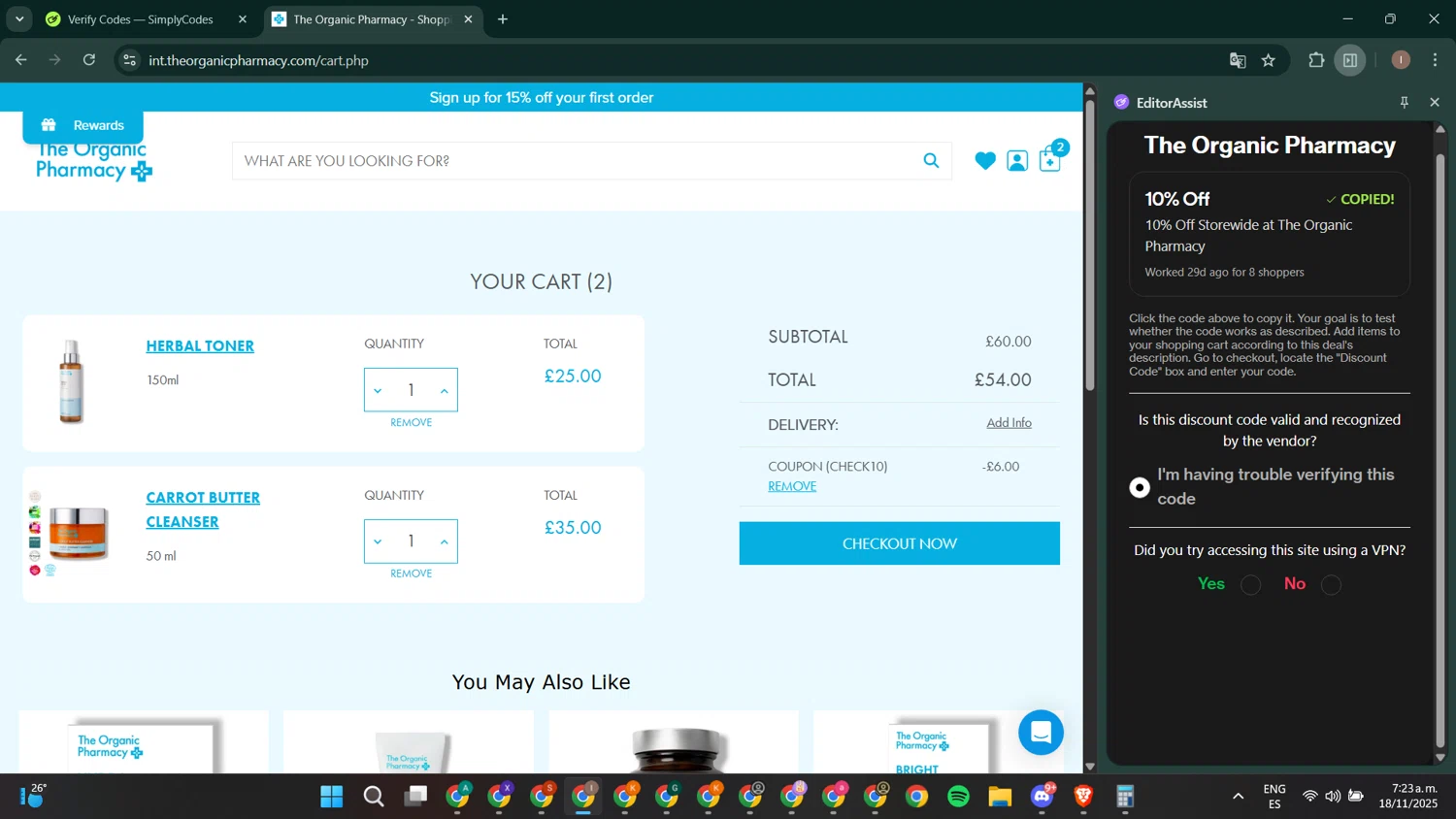 The Organic Pharmacy checkout page showing The Organic Pharmacy discount code box | Screenshot taken by SimplyCodes community member on Nov 18, 2025