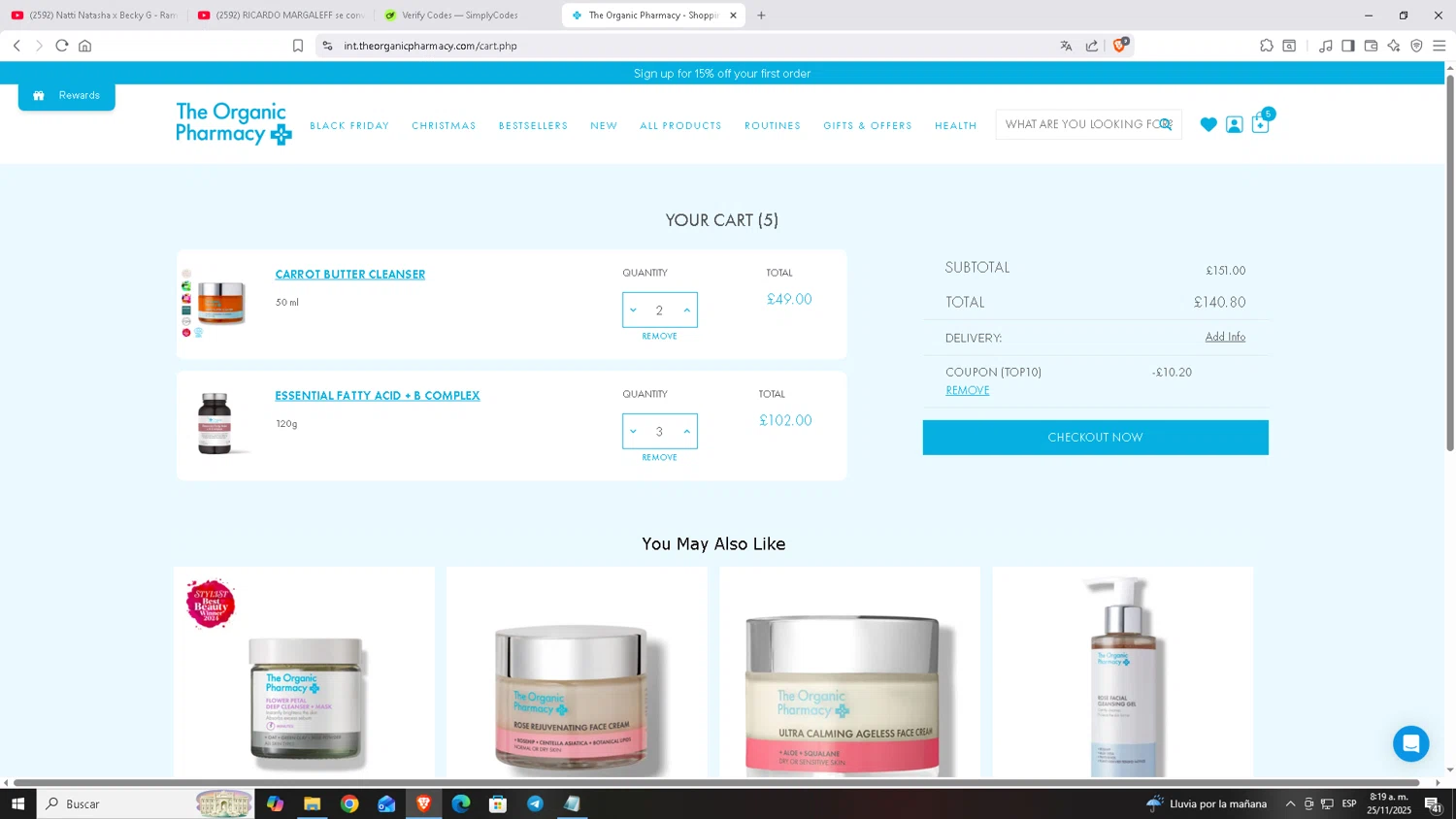 The Organic Pharmacy checkout page showing The Organic Pharmacy discount code box | Screenshot taken by SimplyCodes community member on Nov 25, 2025