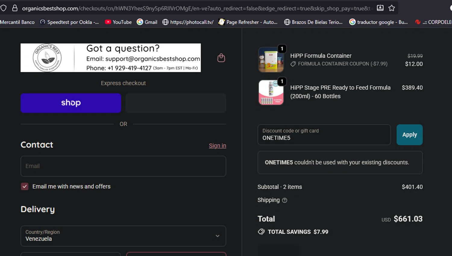 Organic's Best coupon code screenshot showing code ONETIME5 applied at Organic's Best checkout page. Uploaded by SimplyCodes community member aliriotrasmonte on Sep 30, 2025