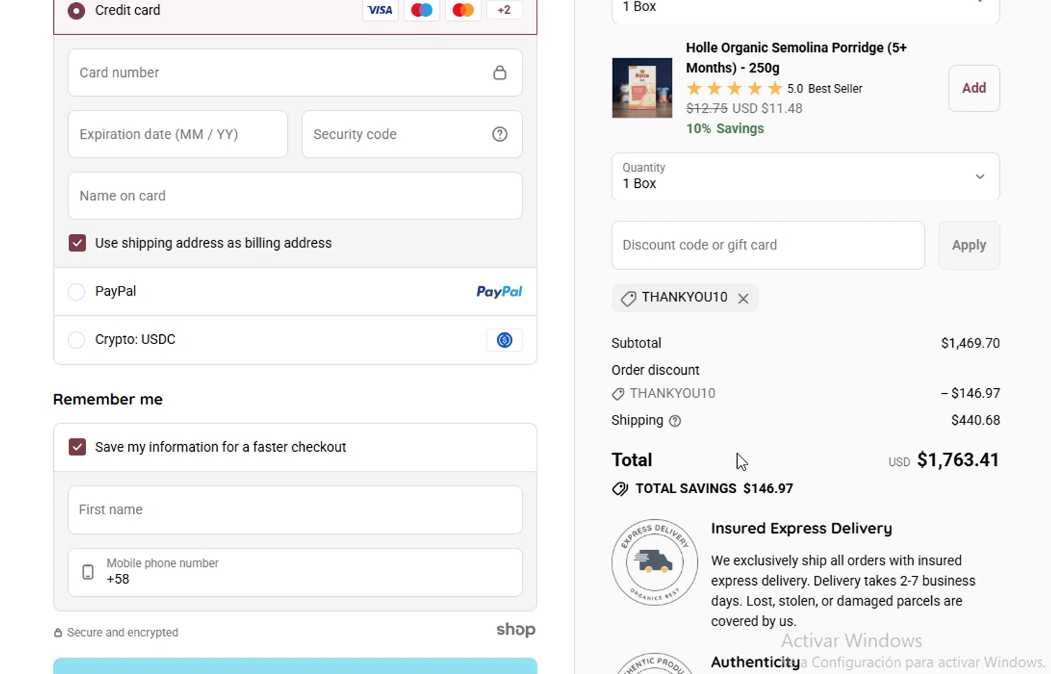 Organic's Best coupon code screenshot showing code THANKYOU10 applied at Organic's Best checkout page. Uploaded by SimplyCodes community member ligthYA on Dec 29, 2025
