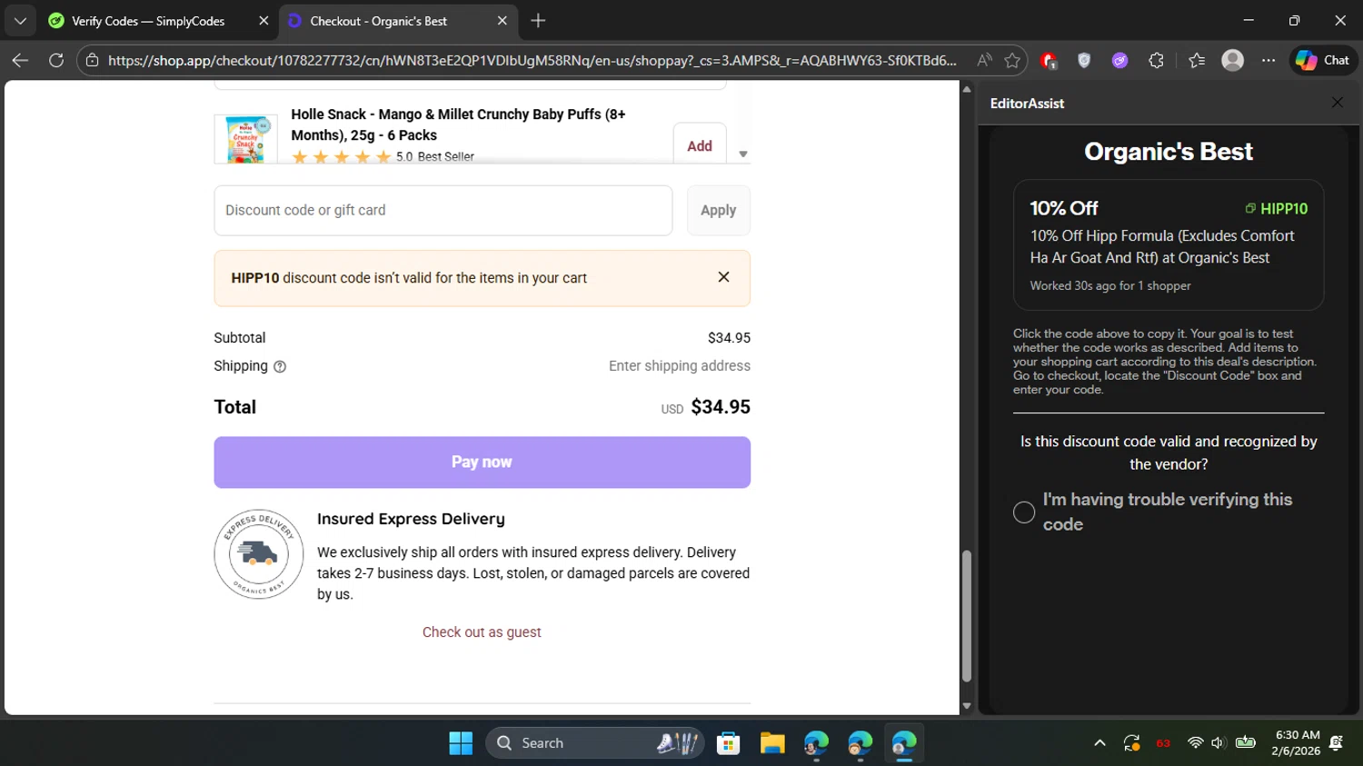 Organic's Best checkout page showing Organic's Best coupon code box | Screenshot taken by SimplyCodes community member on Feb 6, 2026