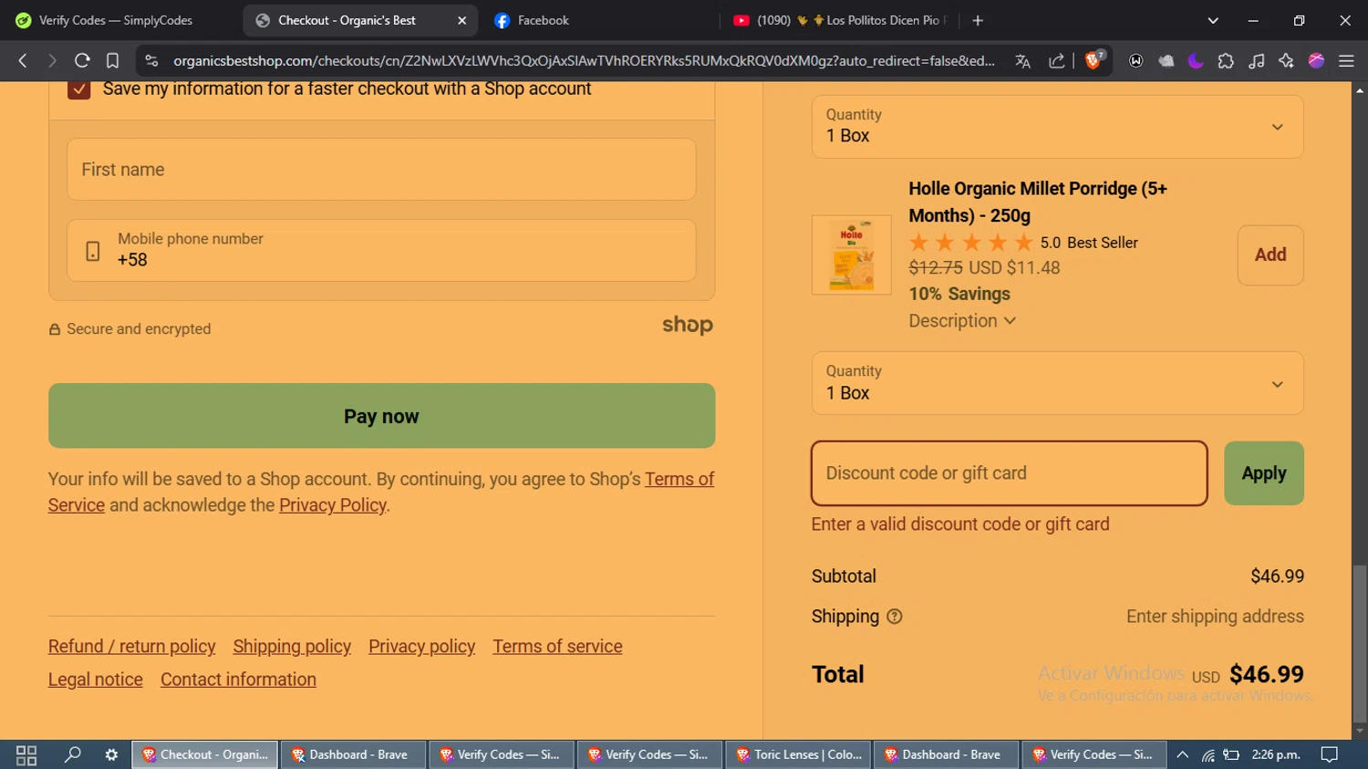 Organic's Best coupon code screenshot showing code hipp10 applied at Organic's Best checkout page. Uploaded by SimplyCodes community member laleyjose on Mar 10, 2025