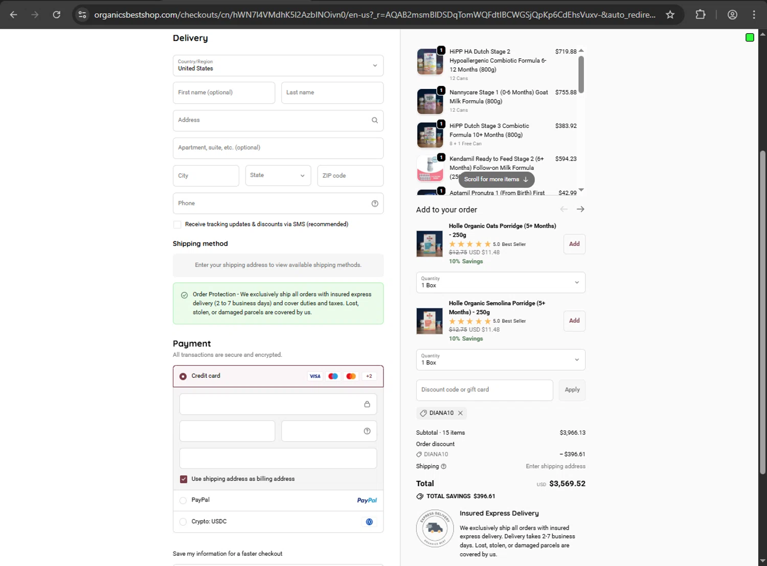 Organic's Best coupon code screenshot showing code DIANA10 applied at Organic's Best checkout page. Uploaded by SimplyCodes community member ShrewdDefender8496 on Jan 18, 2026