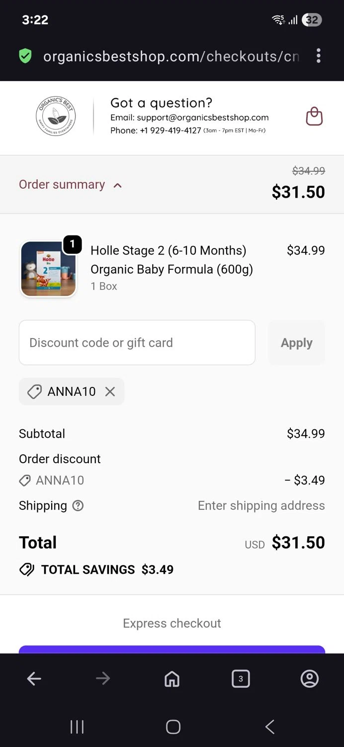 Organic's Best coupon code screenshot showing code Anna10 applied at Organic's Best checkout page. Uploaded by SimplyCodes community member BB9542251456527 on Oct 22, 2025
