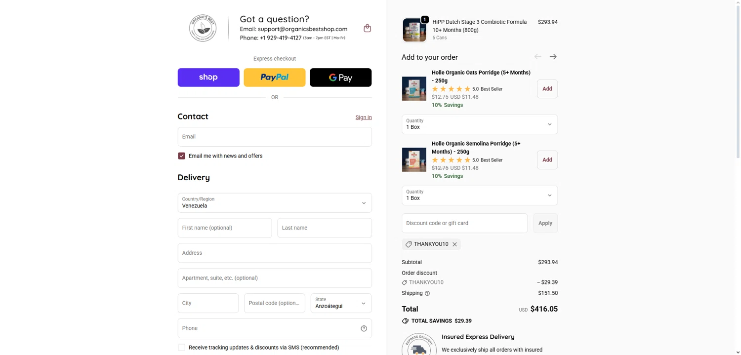 Organic's Best coupon code screenshot showing code THANKYOU10 applied at Organic's Best checkout page. Uploaded by SimplyCodes community member Dorothy on Dec 27, 2025