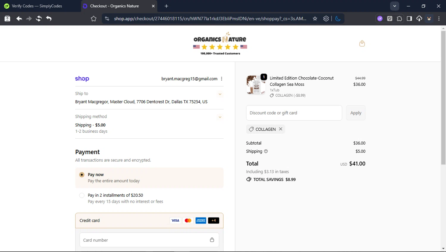 Organics Nature checkout page showing Organics Nature coupon code box | Screenshot taken by SimplyCodes community member on Jan 2, 2026
