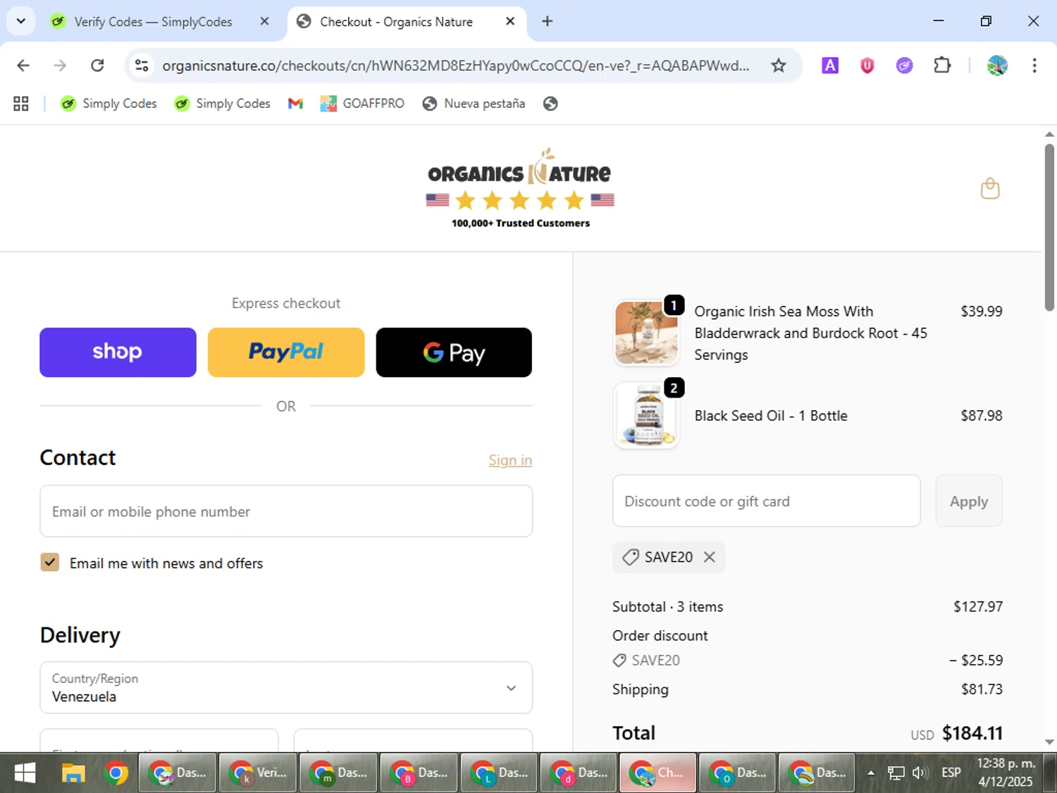 Organics Nature coupon code screenshot showing code SAVE20 applied at Organics Nature checkout page. Uploaded by SimplyCodes community member ShrewdSpotter4101 on Dec 4, 2025