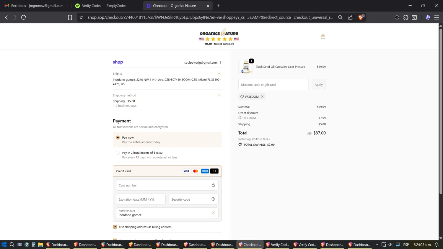 Organics Nature coupon code screenshot showing code FREEDOM applied at Organics Nature checkout page. Uploaded by SimplyCodes community member Amidamaru on Oct 2, 2025