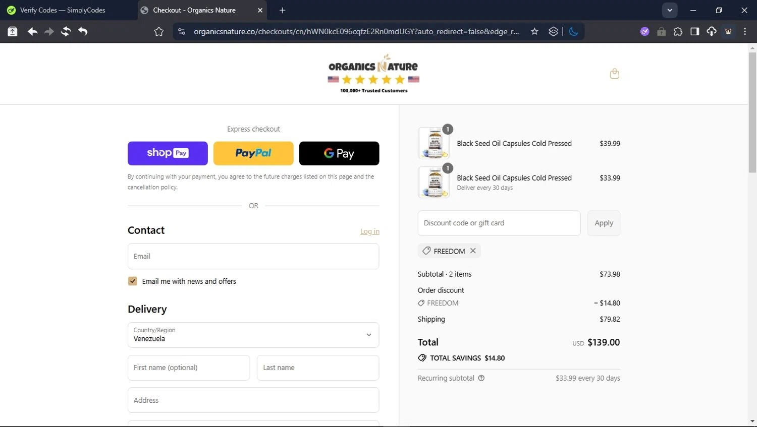 Organics Nature coupon code screenshot showing code FREEDOM applied at Organics Nature checkout page. Uploaded by SimplyCodes community member CleverPioneer8971 on Jul 18, 2025