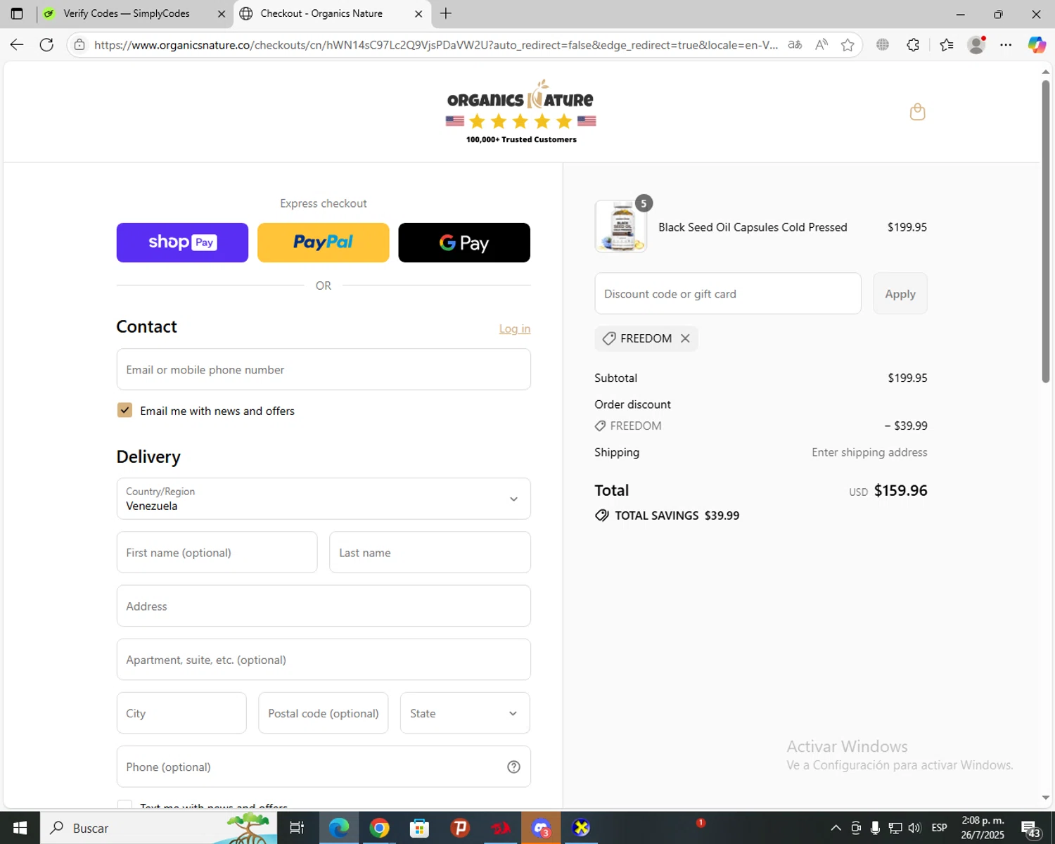 Organics Nature coupon code screenshot showing code FREEDOM applied at Organics Nature checkout page. Uploaded by SimplyCodes community member jechtff10 on Jul 26, 2025