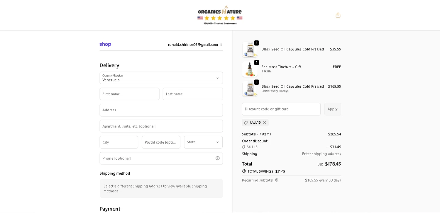 Organics Nature coupon code screenshot showing code FALL15 applied at Organics Nature checkout page. Uploaded by SimplyCodes community member GoldAce6962 on Nov 24, 2025