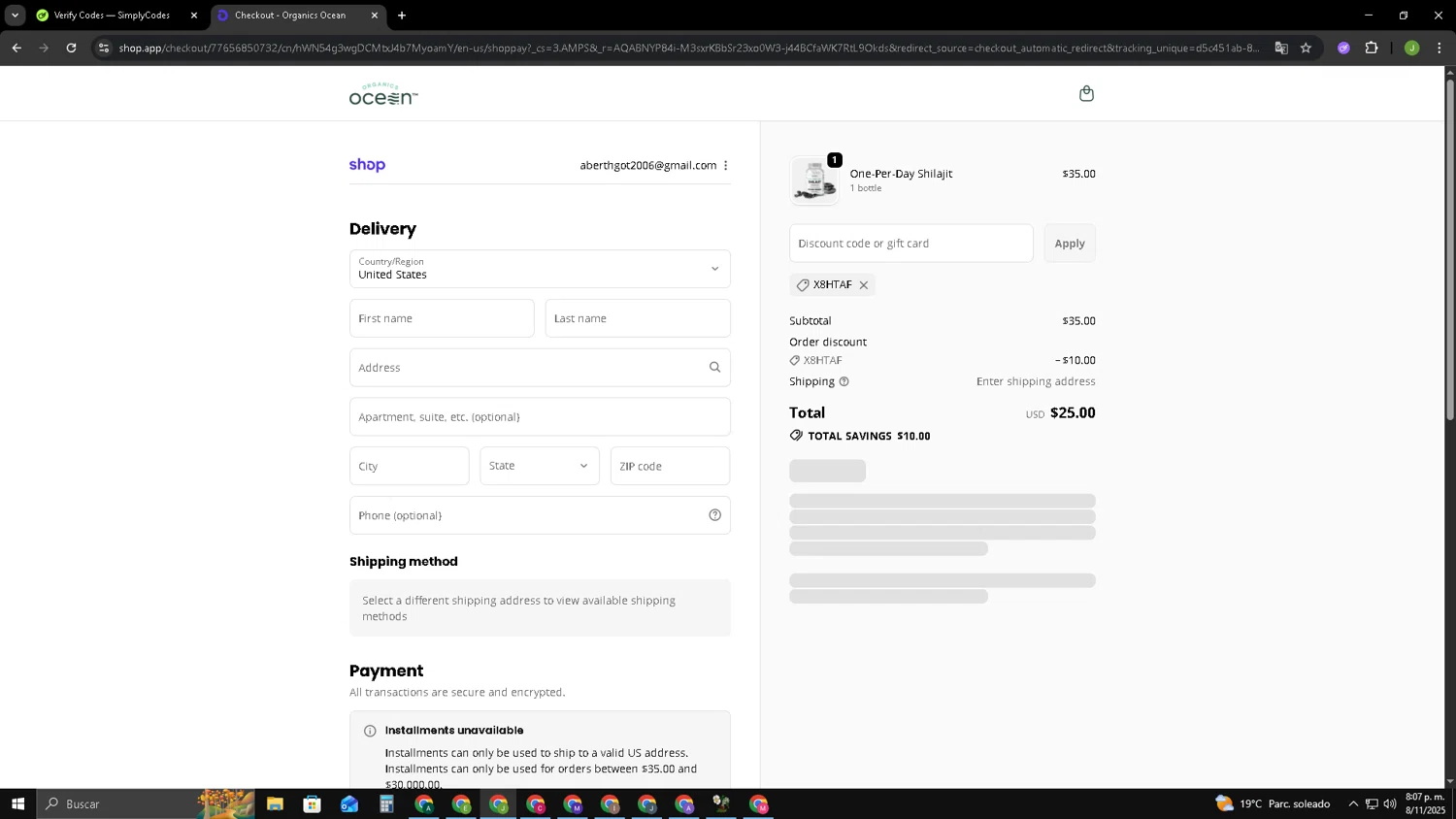Organics Ocean discount code screenshot showing code X8HTAF applied at Organics Ocean checkout page. Uploaded by SimplyCodes community member SAIKOO on Nov 9, 2025