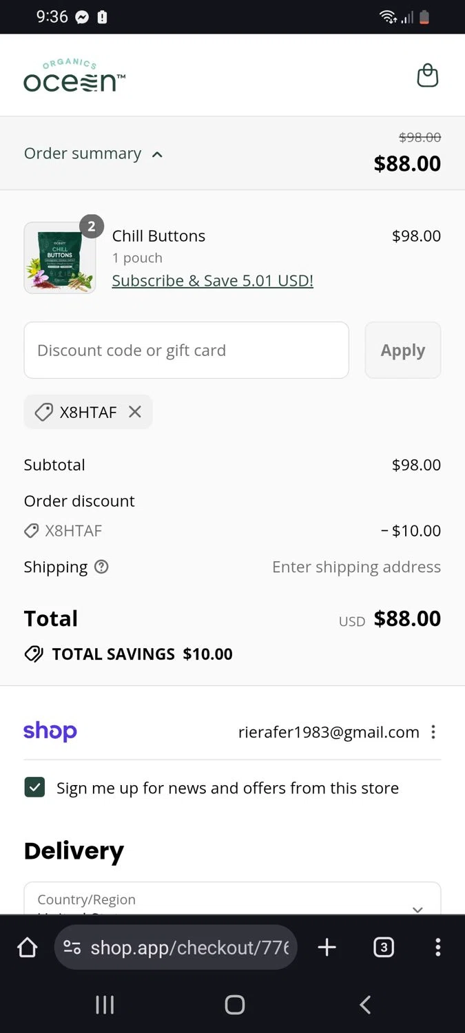Organics Ocean discount code screenshot showing code X8HTAF applied at Organics Ocean checkout page. Uploaded by SimplyCodes community member tulioriera on Sep 12, 2025