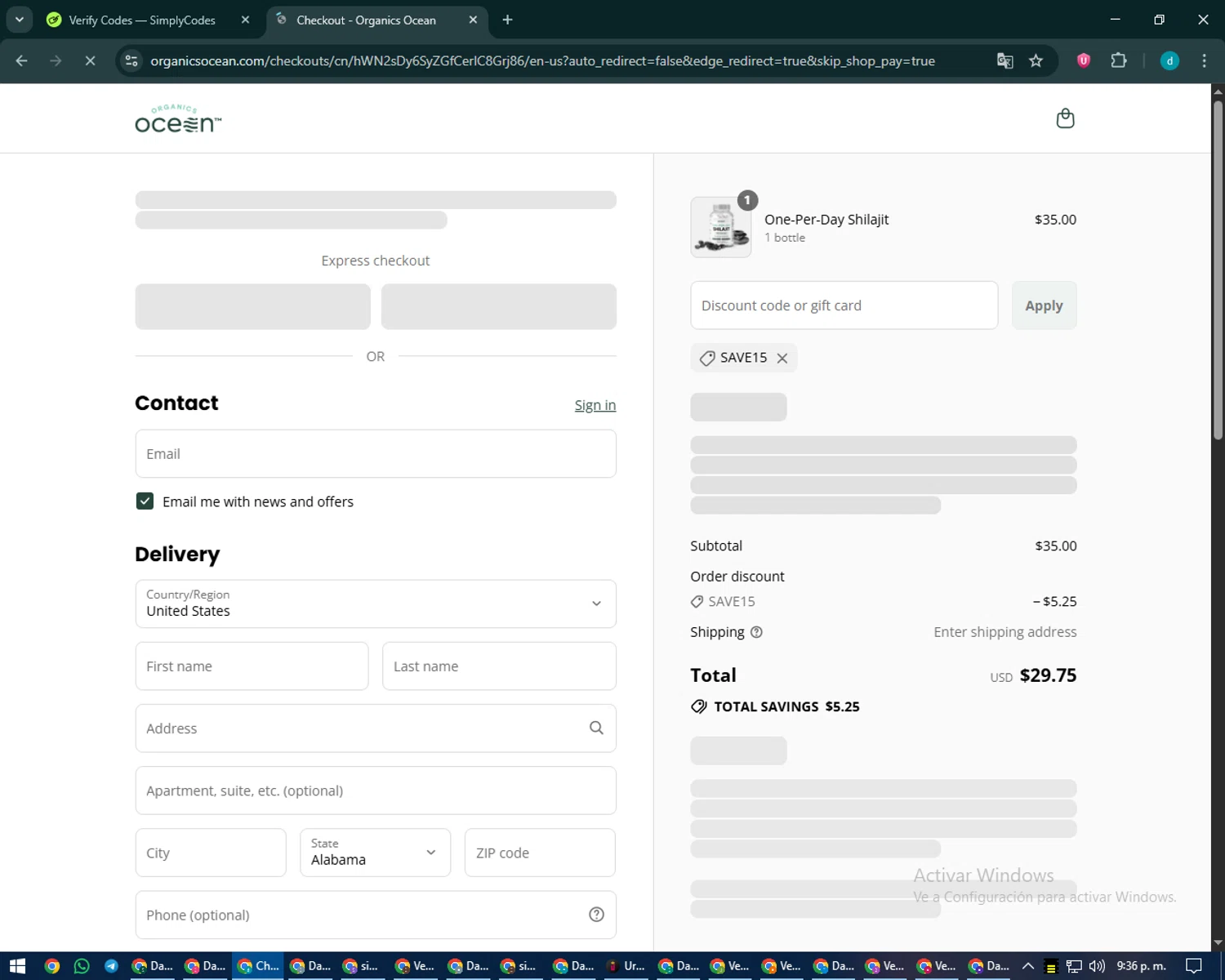 Organics Ocean discount code screenshot showing code save15 applied at Organics Ocean checkout page. Uploaded by SimplyCodes community member CodeMaverick5767 on Sep 12, 2025