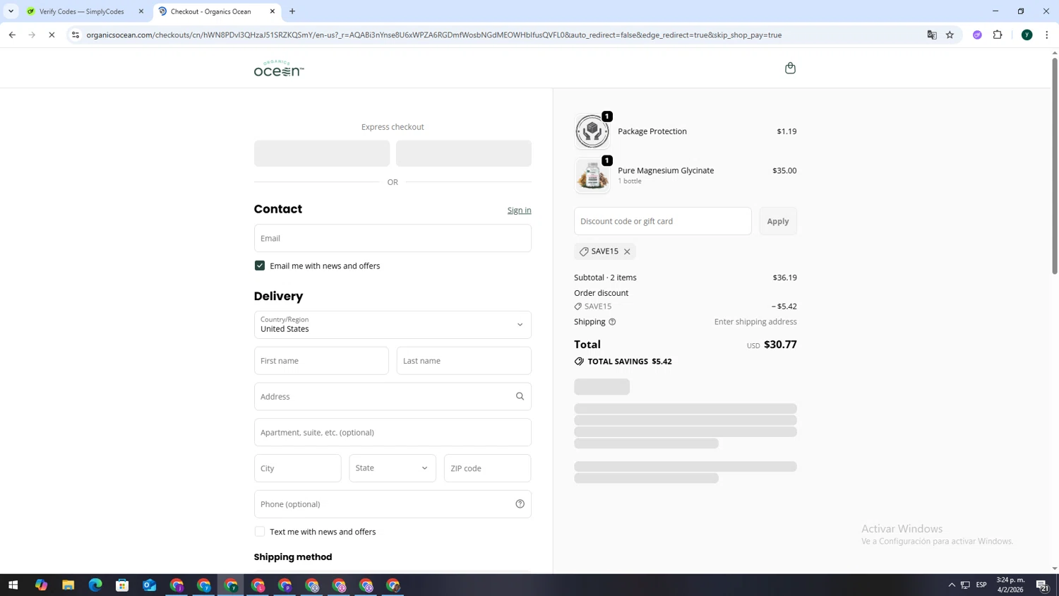 Organics Ocean discount code screenshot showing code save15 applied at Organics Ocean checkout page. Uploaded by SimplyCodes community member VoucherSpotter6910 on Feb 4, 2026