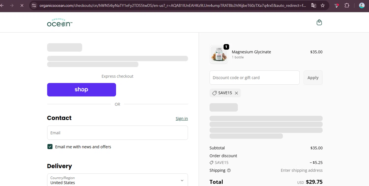 Organics Ocean discount code screenshot showing code save15 applied at Organics Ocean checkout page. Uploaded by SimplyCodes community member elgatobravo on Nov 9, 2025