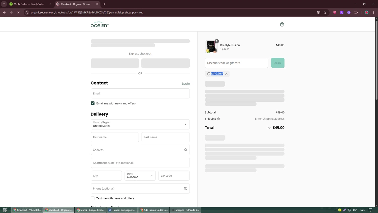 Organics Ocean discount code screenshot showing code MAGSHIP applied at Organics Ocean checkout page. Uploaded by SimplyCodes community member David_Garcia on Sep 8, 2025
