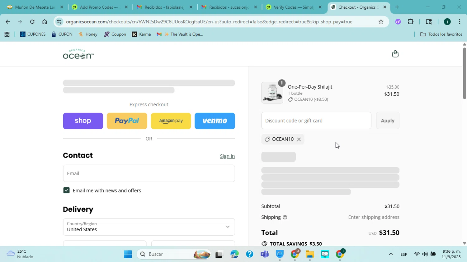 Organics Ocean discount code screenshot showing code OCEAN10 applied at Organics Ocean checkout page. Uploaded by SimplyCodes community member jorgejavierherrera on Sep 12, 2025