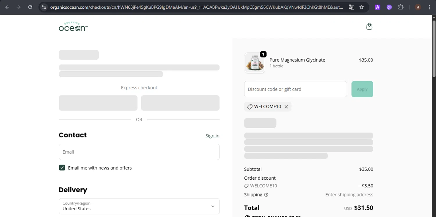 Organics Ocean discount code screenshot showing code WELCOME10 applied at Organics Ocean checkout page. Uploaded by SimplyCodes community member VoucherSpotter9376 on Dec 4, 2025