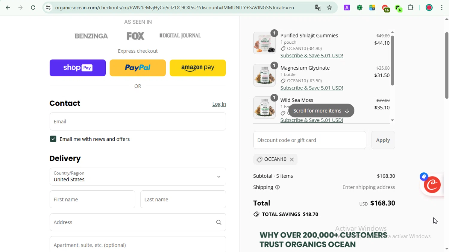 Organics Ocean discount code screenshot showing code OCEAN10 applied at Organics Ocean checkout page. Uploaded by SimplyCodes community member LOVECOUPON on Aug 10, 2025
