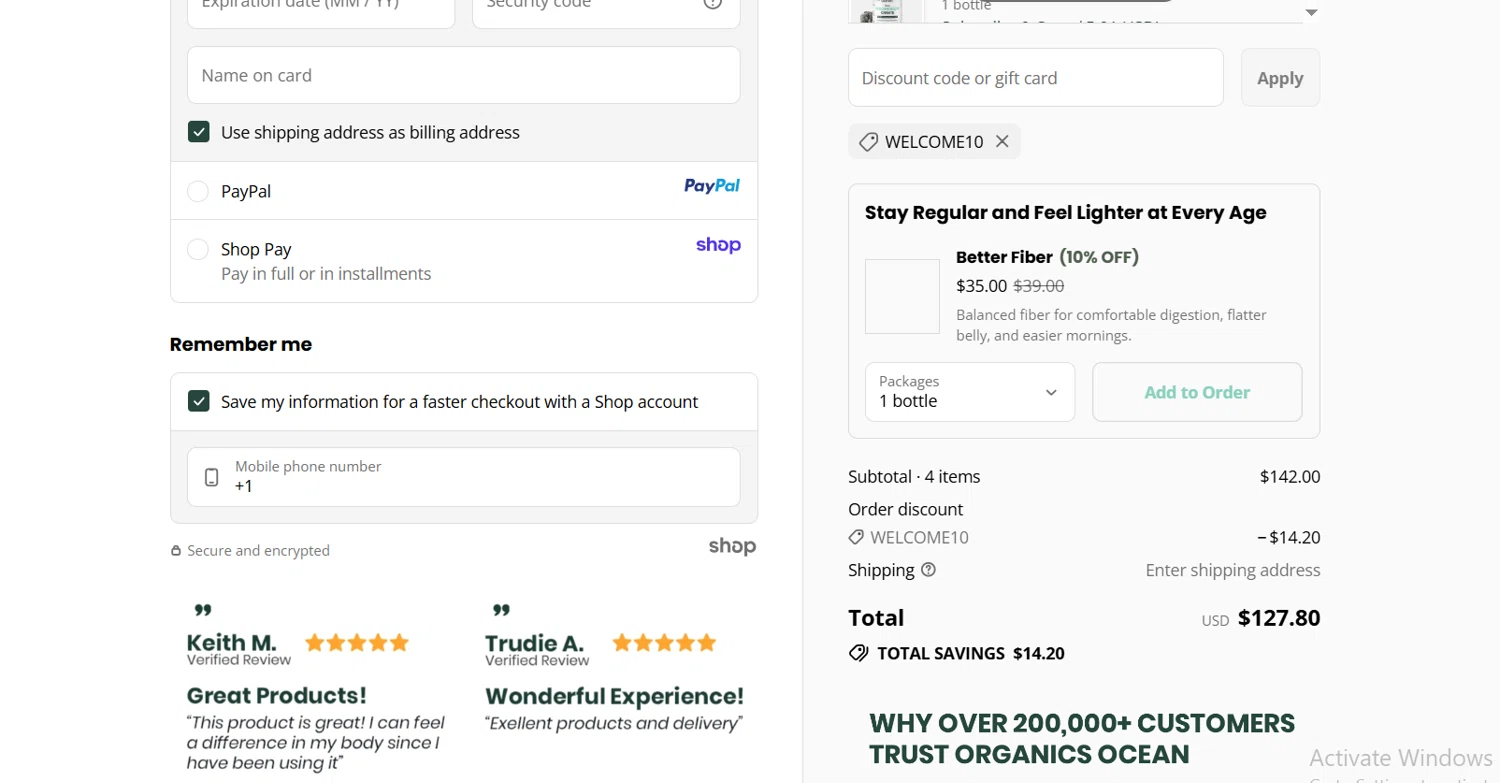 Organics Ocean discount code screenshot showing code WELCOME10 applied at Organics Ocean checkout page. Uploaded by SimplyCodes community member Lioniel on Oct 11, 2025