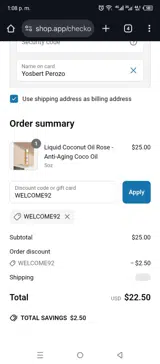 WELCOME92 coupon verification screenshot