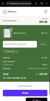 EMAIL20 coupon verification screenshot