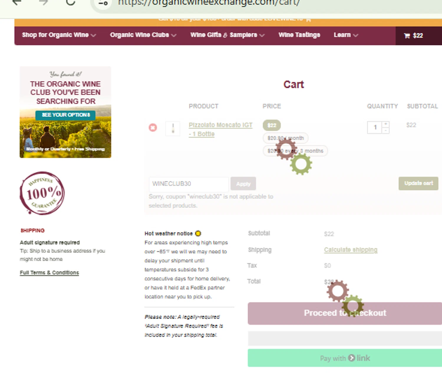 Organic Wine Exchange promo code screenshot showing code WINECLUB30 applied at Organic Wine Exchange checkout page. Uploaded by SimplyCodes community member RewardFinder4836 on Feb 19, 2026