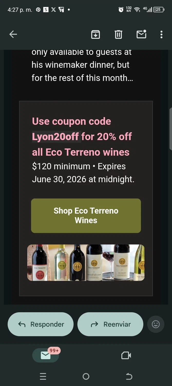 Organic Wine Exchange promo code screenshot showing code Lyon20off applied at Organic Wine Exchange checkout page. Uploaded by SimplyCodes community member kellymoreno on Jun 18, 2026