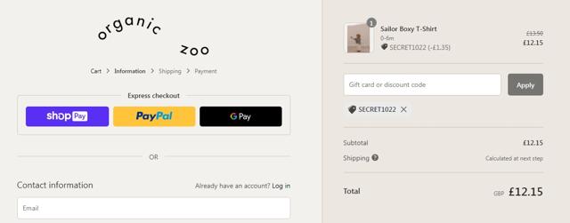 Organic Zoo UK checkout page showing Organic Zoo UK promo code box | Screenshot taken by SimplyCodes community member on Aug 26, 2022