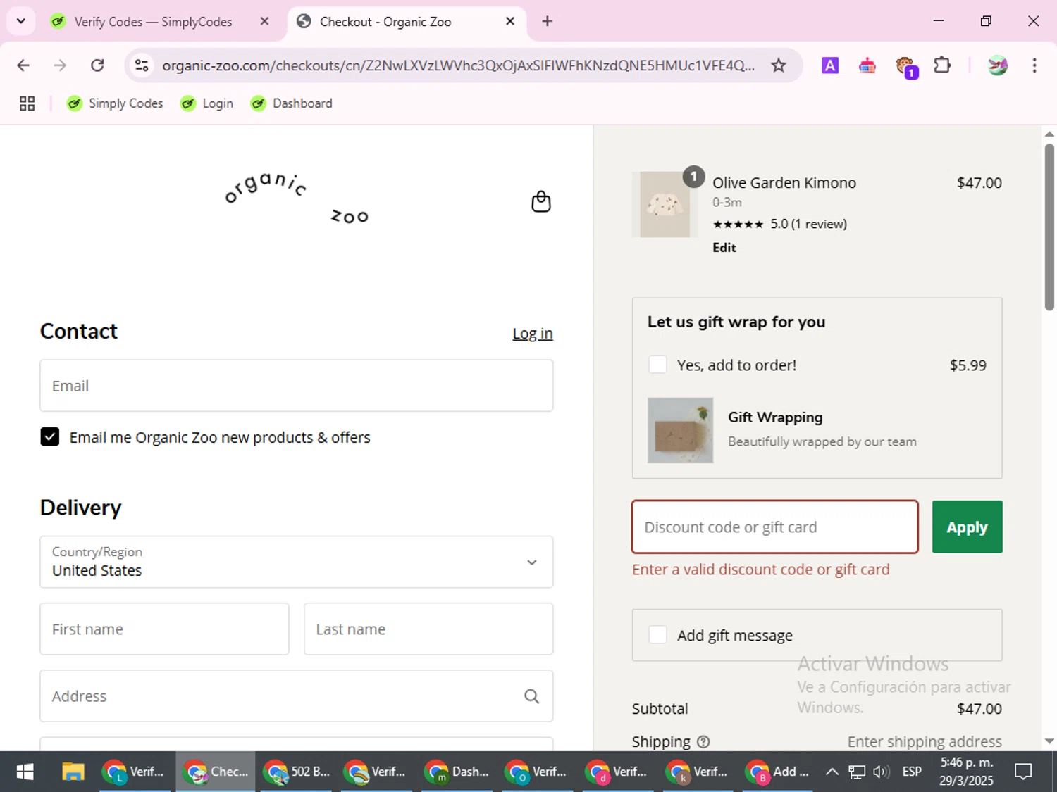 Organic Zoo discount code screenshot showing code 10THANKYOU applied at Organic Zoo checkout page. Uploaded by SimplyCodes community member SilverExpert5694 on Mar 29, 2025