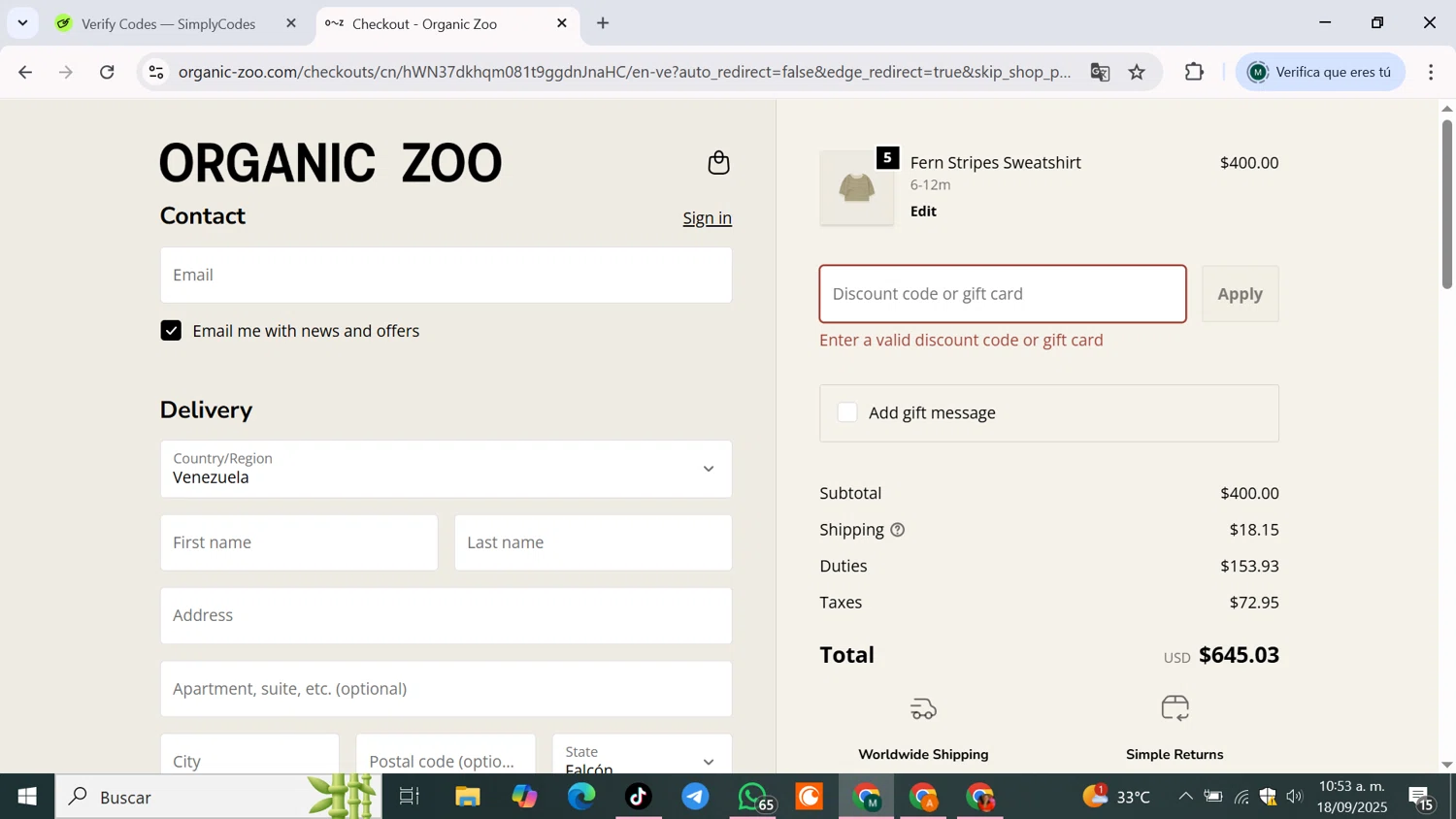 Organic Zoo discount code screenshot showing code HAPPY10 applied at Organic Zoo checkout page. Uploaded by SimplyCodes community member JPRJOESTAR on Sep 18, 2025