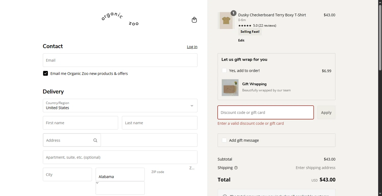 Organic Zoo discount code screenshot showing code ZooNSVXH4J4 applied at Organic Zoo checkout page. Uploaded by SimplyCodes community member RewardLion6202 on May 28, 2025