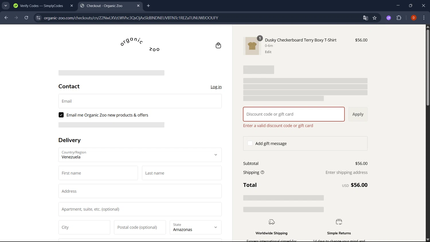 Organic Zoo discount code screenshot showing code ZooNSVXH4J4 applied at Organic Zoo checkout page. Uploaded by SimplyCodes community member RoyalSaver3150 on May 28, 2025