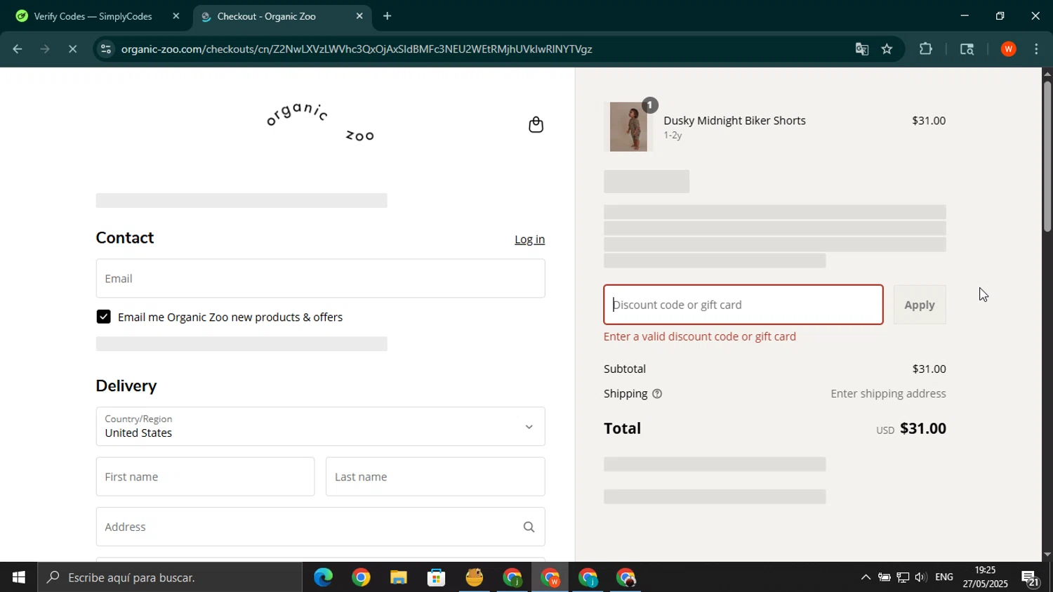 Organic Zoo discount code screenshot showing code ZooNSVXH4J4 applied at Organic Zoo checkout page. Uploaded by SimplyCodes community member wilferji on May 27, 2025