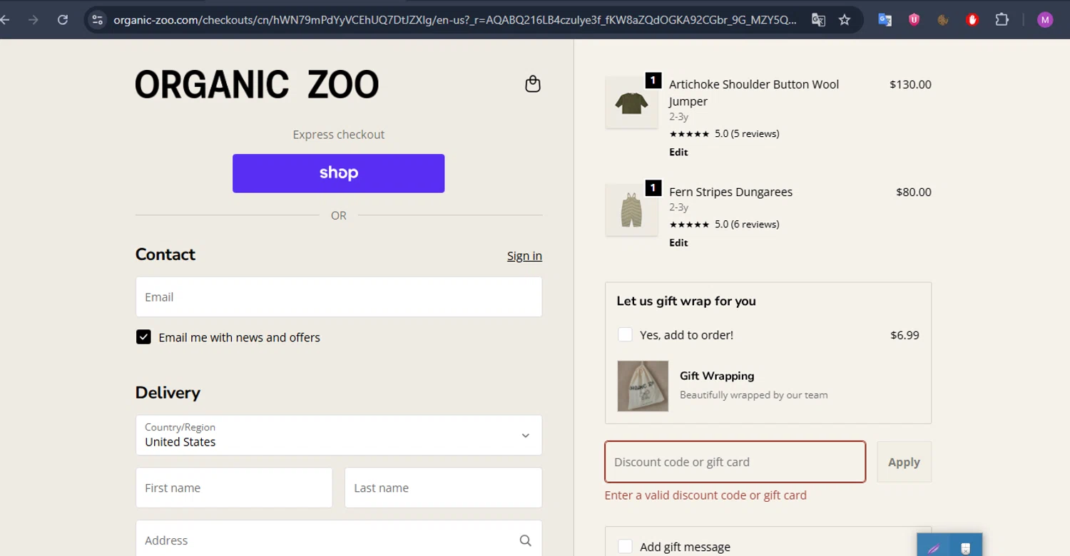 Organic Zoo discount code screenshot showing code VIPBF25 applied at Organic Zoo checkout page. Uploaded by SimplyCodes community member MightyTracker1549 on Jan 2, 2026